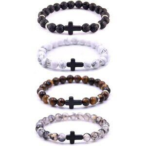 Lava Stone Bracelets Cross Beads Stretch Aromatherapy Healing Men Women 8mm Set